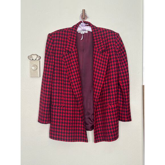 Vintage 100% Wool Blazer Collared Jacket Business Office Navy Red Houndstooth - Picture 2 of 12